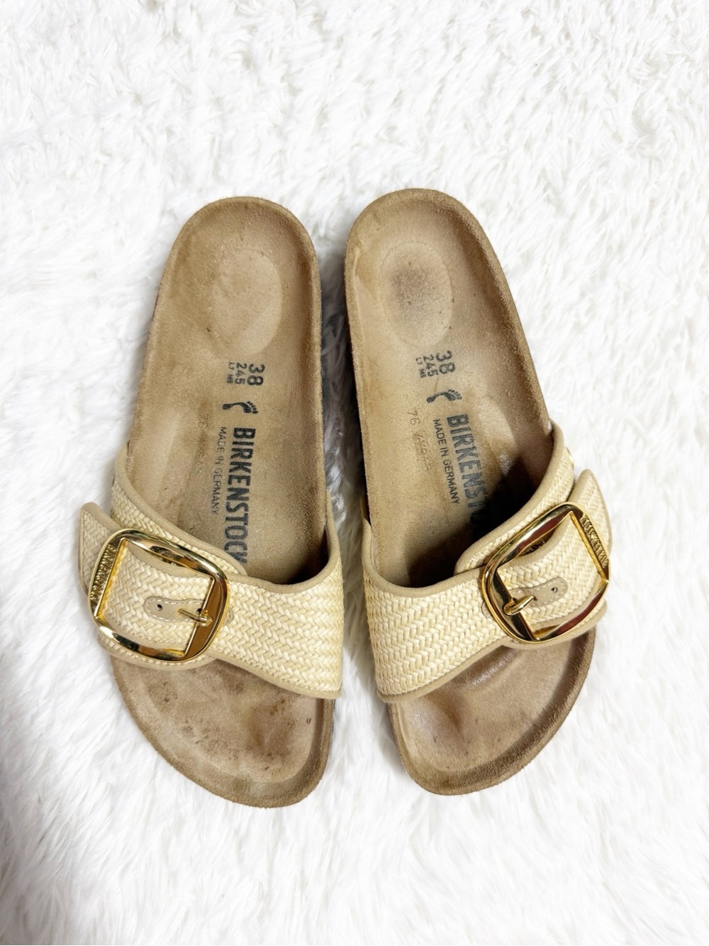 Birkenstock Madrid Big Buckle Raffia Sandals Size 38 US 7 Cream Gold